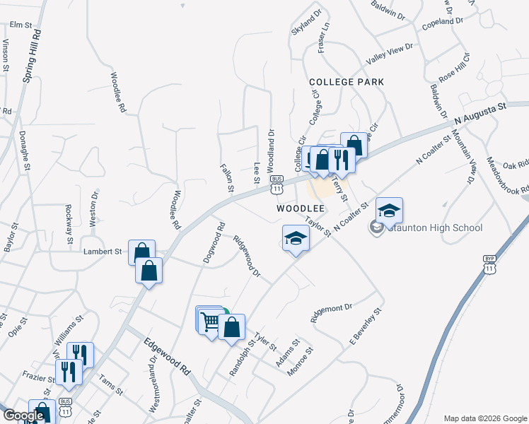 map of restaurants, bars, coffee shops, grocery stores, and more near 23 Orchard Road in Staunton