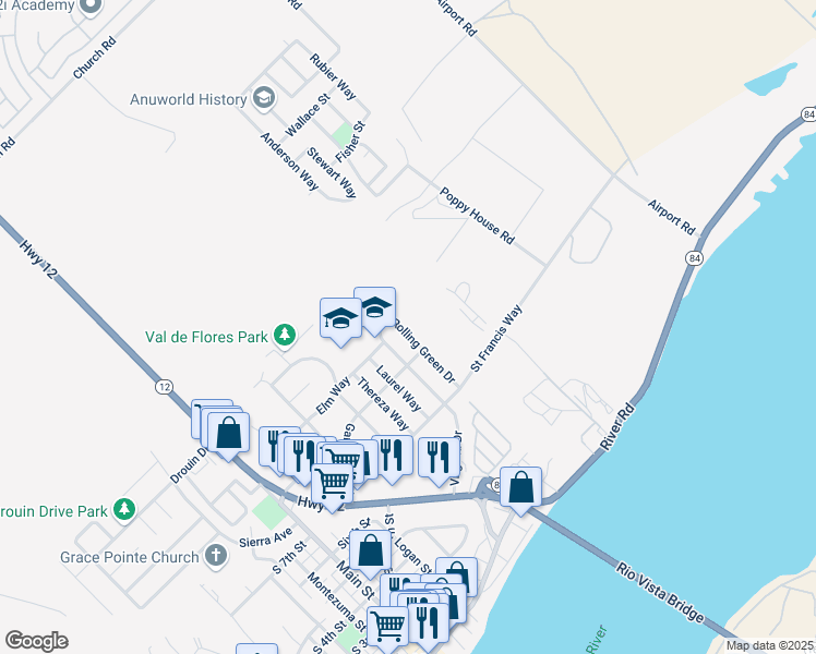 map of restaurants, bars, coffee shops, grocery stores, and more near 1000 Rolling Green Drive in Rio Vista
