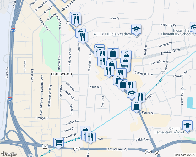 map of restaurants, bars, coffee shops, grocery stores, and more near 4810 Westside Drive in Louisville