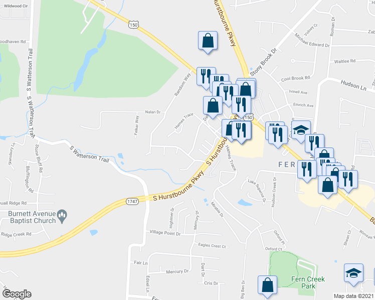 map of restaurants, bars, coffee shops, grocery stores, and more near 7907 Canonero Way in Louisville