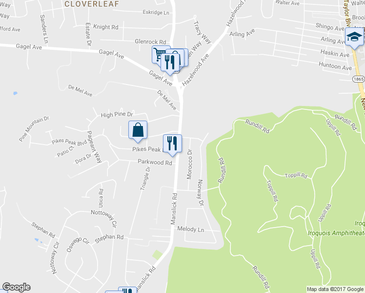 map of restaurants, bars, coffee shops, grocery stores, and more near 6605 Manslick Road in Louisville