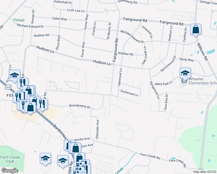 map of restaurants, bars, coffee shops, grocery stores, and more near 9307 Fairground Road in Louisville