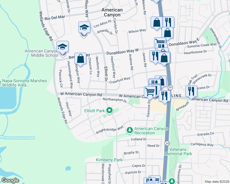 map of restaurants, bars, coffee shops, grocery stores, and more near 83 Larkspur Street in American Canyon