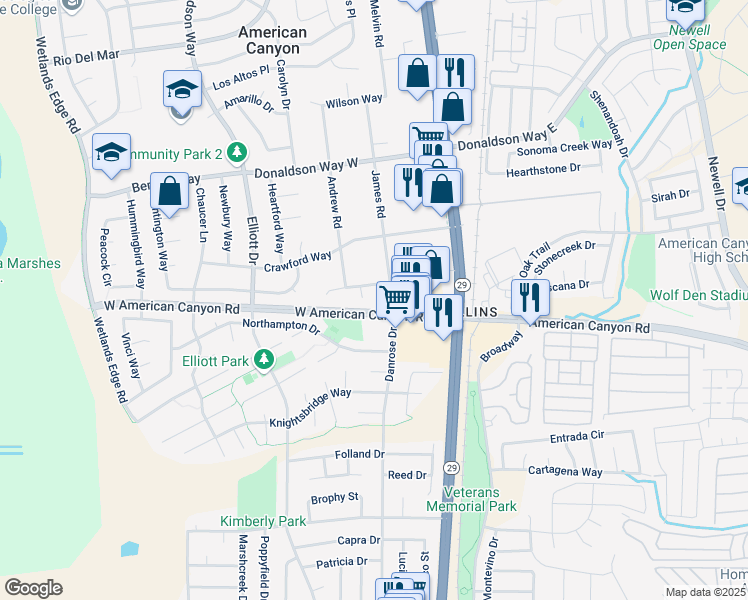 map of restaurants, bars, coffee shops, grocery stores, and more near 127 Thayer Way in American Canyon