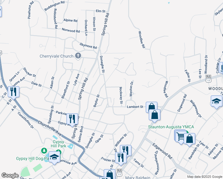 map of restaurants, bars, coffee shops, grocery stores, and more near 1020 Rockway Street in Staunton