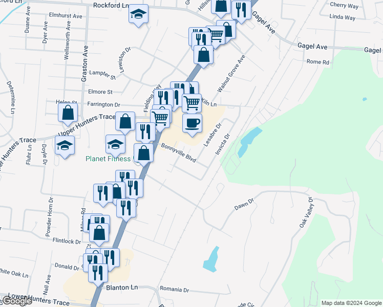 map of restaurants, bars, coffee shops, grocery stores, and more near 5105 Malibu Court in Louisville