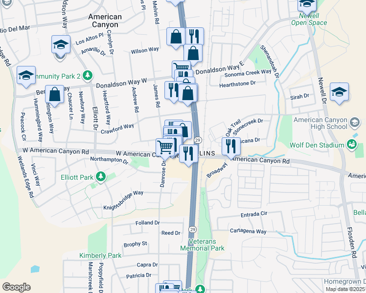 map of restaurants, bars, coffee shops, grocery stores, and more near 100 West American Canyon Road in American Canyon