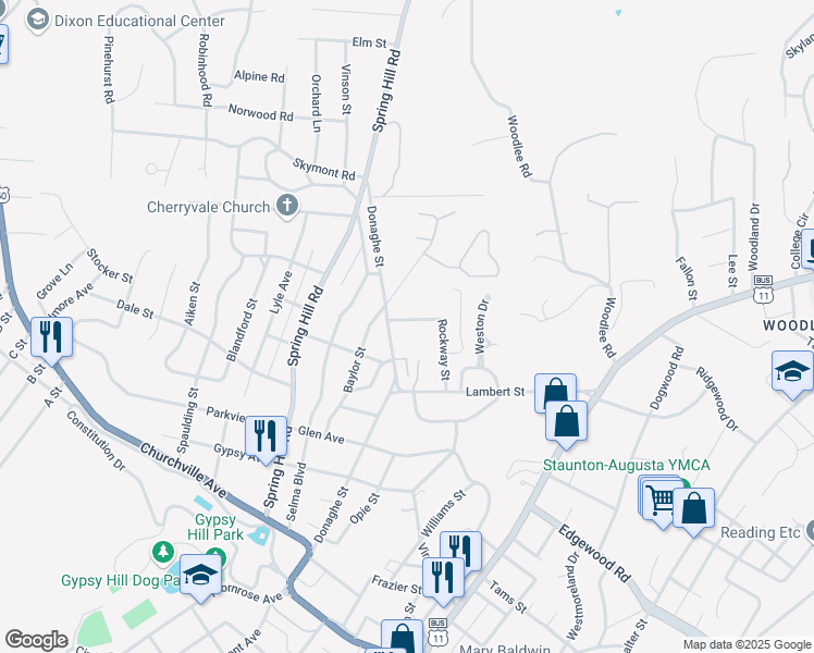 map of restaurants, bars, coffee shops, grocery stores, and more near 1108 Donaghe Street in Staunton