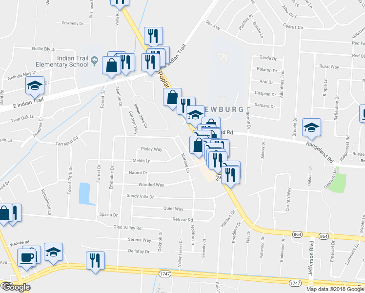 map of restaurants, bars, coffee shops, grocery stores, and more near 4125 Norene Lane in Louisville