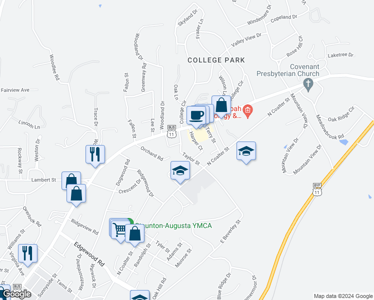 map of restaurants, bars, coffee shops, grocery stores, and more near 27 Taylor Street in Staunton