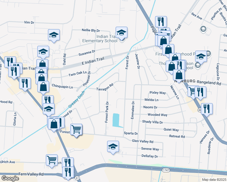 map of restaurants, bars, coffee shops, grocery stores, and more near 4819 Forest Park Drive in Louisville