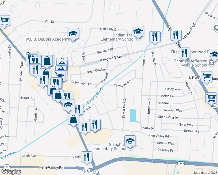 map of restaurants, bars, coffee shops, grocery stores, and more near 3615 Friar Tuck Court in Louisville