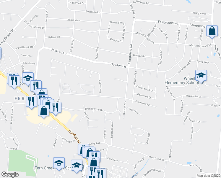 map of restaurants, bars, coffee shops, grocery stores, and more near 9213 Fairground Road in Louisville