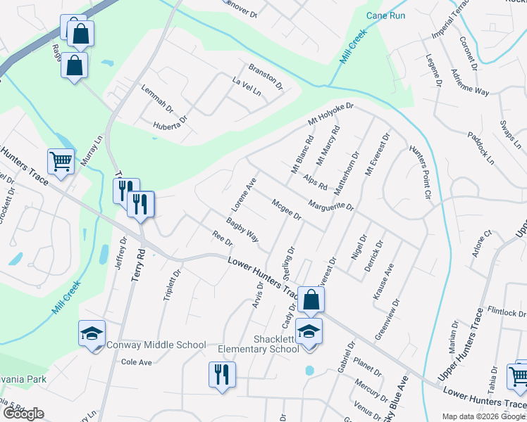map of restaurants, bars, coffee shops, grocery stores, and more near 2510 Mavis Court in Louisville