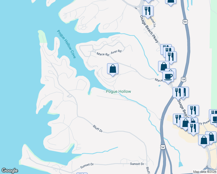 map of restaurants, bars, coffee shops, grocery stores, and more near Rachael Road in Osage Beach