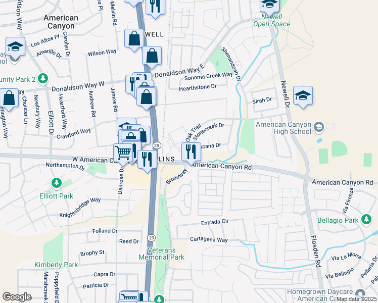 map of restaurants, bars, coffee shops, grocery stores, and more near 63 Toscana Drive in American Canyon
