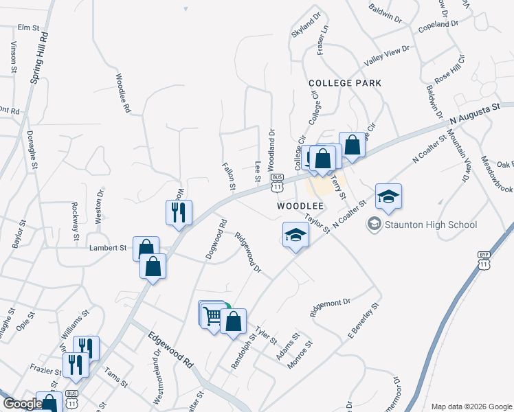 map of restaurants, bars, coffee shops, grocery stores, and more near 23 Orchard Road in Staunton