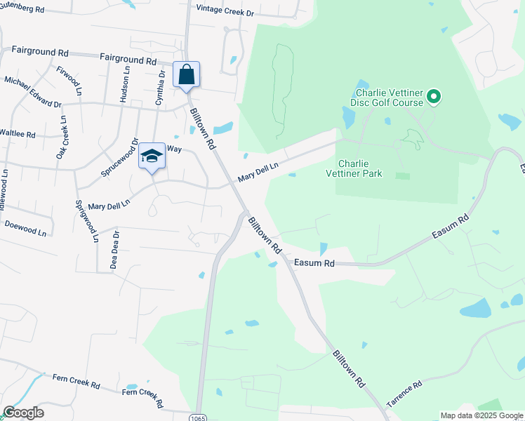 map of restaurants, bars, coffee shops, grocery stores, and more near 5415 Billtown Road in Jeffersontown