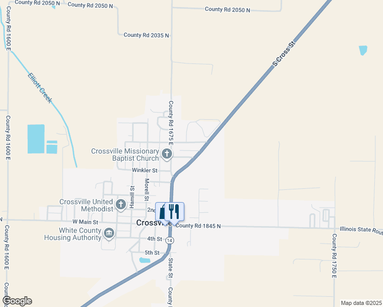 map of restaurants, bars, coffee shops, grocery stores, and more near 105-111 Rudolph Street in Crossville