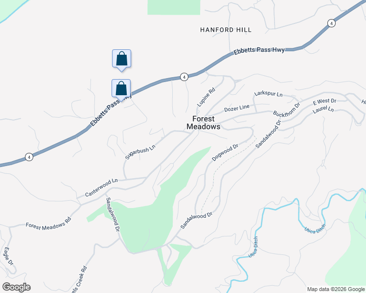 map of restaurants, bars, coffee shops, grocery stores, and more near 553 Forest Meadows Drive in Murphys
