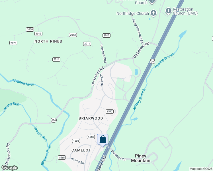 map of restaurants, bars, coffee shops, grocery stores, and more near 2360 Austin Drive in Charlottesville