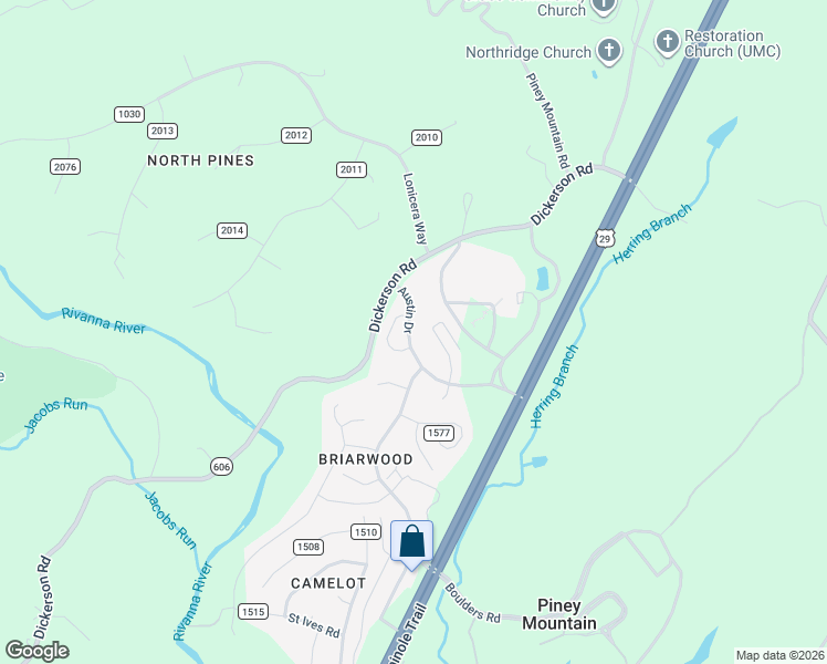 map of restaurants, bars, coffee shops, grocery stores, and more near 2360 Austin Drive in Charlottesville