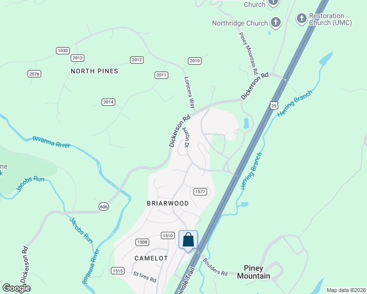 map of restaurants, bars, coffee shops, grocery stores, and more near 2360 Austin Drive in Charlottesville