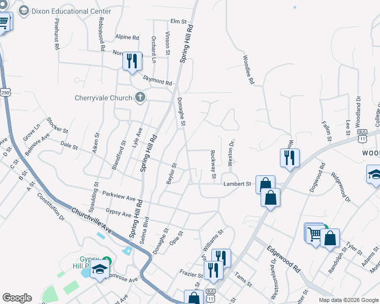map of restaurants, bars, coffee shops, grocery stores, and more near 1108 Donaghe Street in Staunton