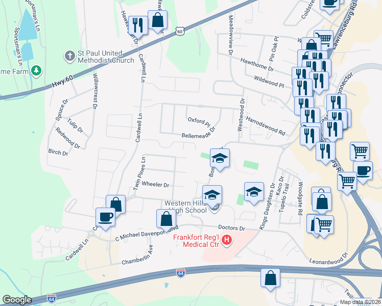 map of restaurants, bars, coffee shops, grocery stores, and more near 304 Twin Pines Lane in Frankfort
