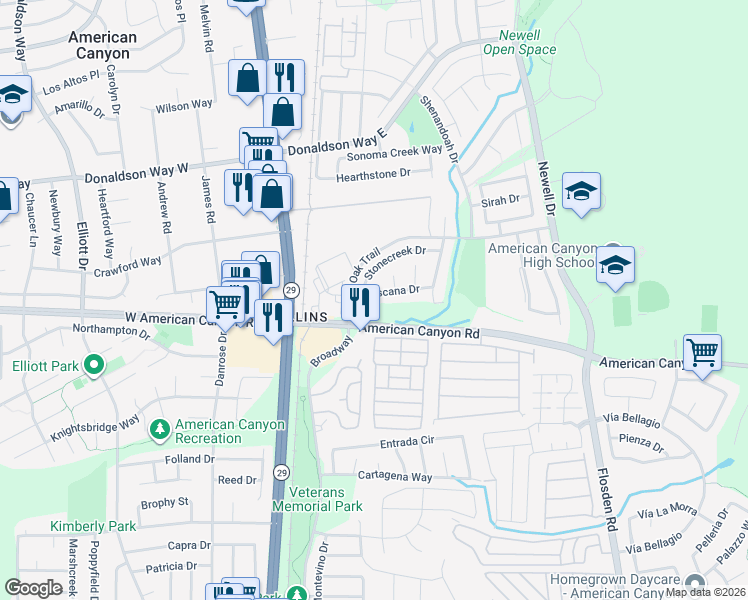map of restaurants, bars, coffee shops, grocery stores, and more near 35 Toscana Drive in American Canyon