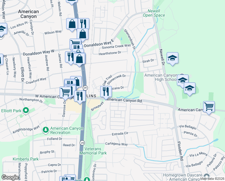 map of restaurants, bars, coffee shops, grocery stores, and more near 35 Toscana Drive in American Canyon
