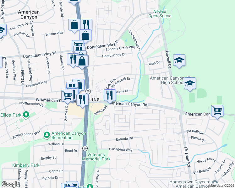 map of restaurants, bars, coffee shops, grocery stores, and more near 35 Toscana Drive in American Canyon