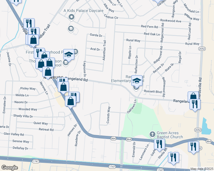 map of restaurants, bars, coffee shops, grocery stores, and more near 1628 Rangeland Road in Louisville