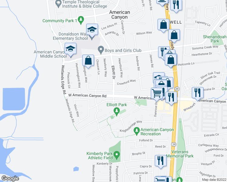 map of restaurants, bars, coffee shops, grocery stores, and more near 2313 Elliott Drive in American Canyon
