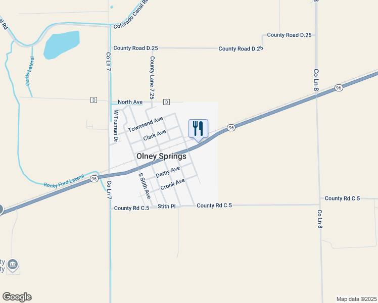 map of restaurants, bars, coffee shops, grocery stores, and more near 100-198 S Schulyer Ave in Olney Springs