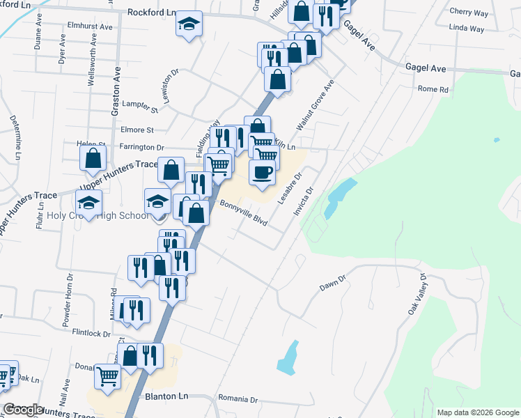 map of restaurants, bars, coffee shops, grocery stores, and more near 5106 Malibu Court in Louisville