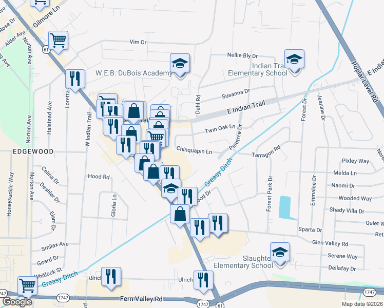 map of restaurants, bars, coffee shops, grocery stores, and more near 3212 Chinquapin Lane in Louisville