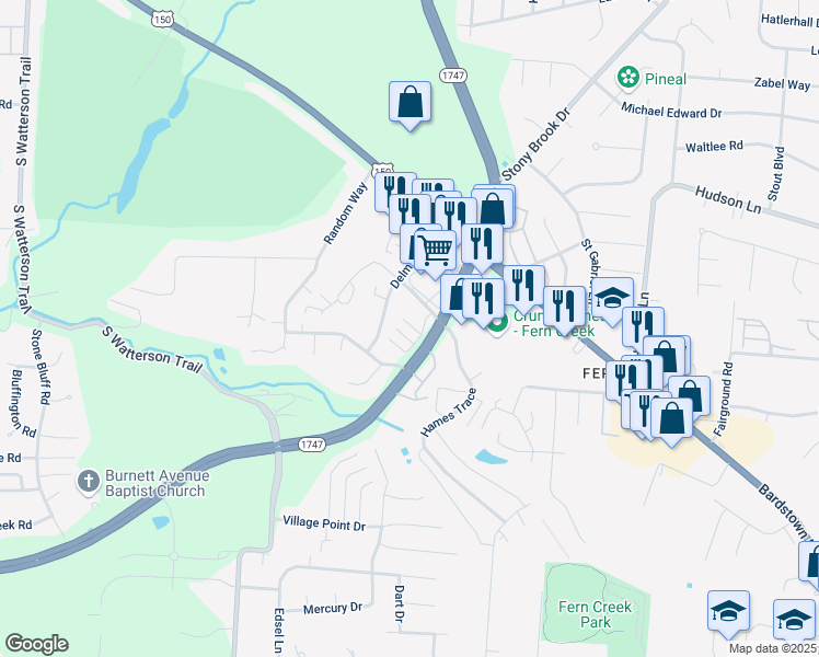 map of restaurants, bars, coffee shops, grocery stores, and more near 8607 Jessica Allen Drive in Louisville