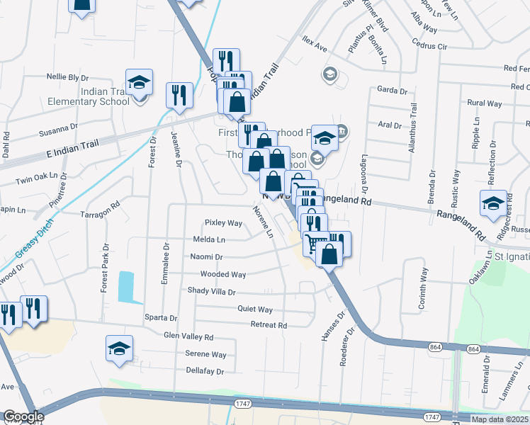 map of restaurants, bars, coffee shops, grocery stores, and more near 4125 Norene Lane in Louisville