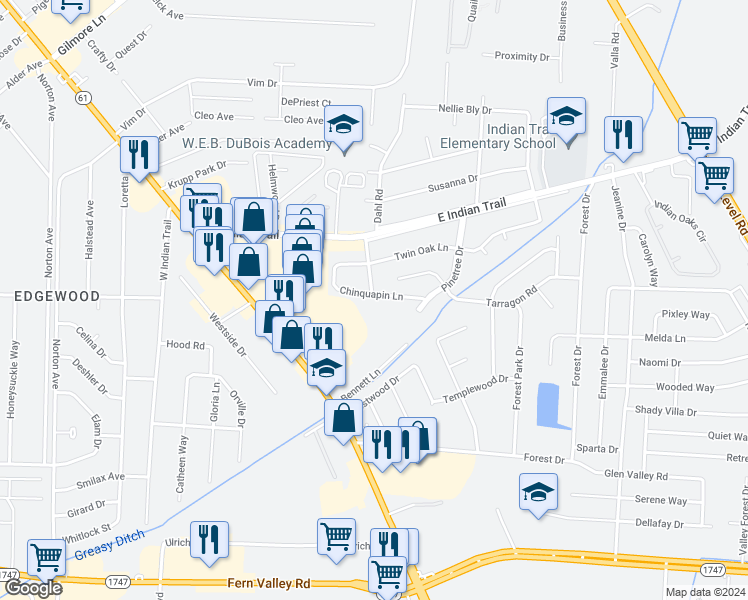 map of restaurants, bars, coffee shops, grocery stores, and more near 3216 Chinquapin Lane in Louisville