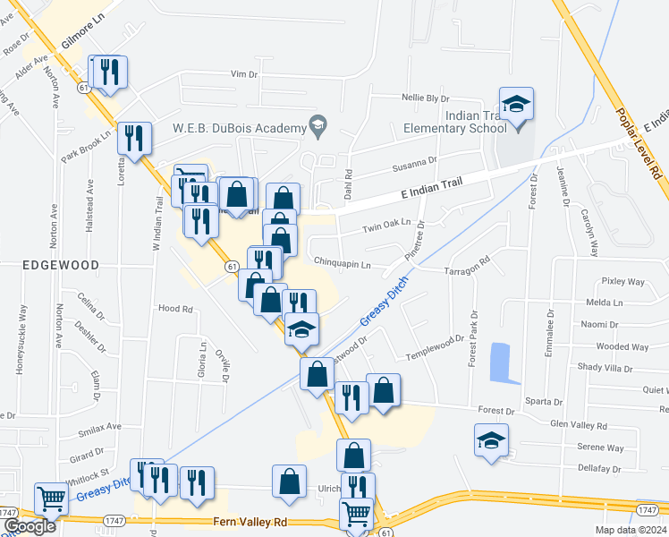 map of restaurants, bars, coffee shops, grocery stores, and more near 3212 Chinquapin Lane in Louisville