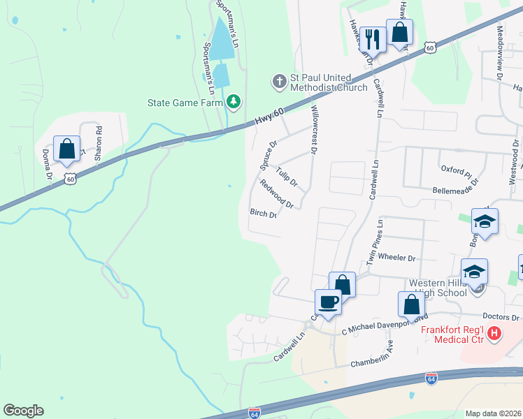 map of restaurants, bars, coffee shops, grocery stores, and more near 313 Birch Drive in Frankfort
