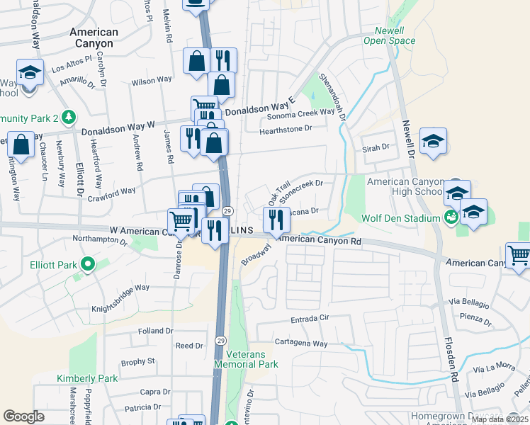 map of restaurants, bars, coffee shops, grocery stores, and more near 63 Toscana Drive in American Canyon