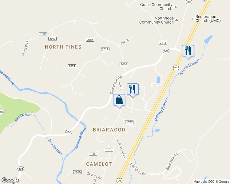 map of restaurants, bars, coffee shops, grocery stores, and more near 4759 Wren Court in Charlottesville