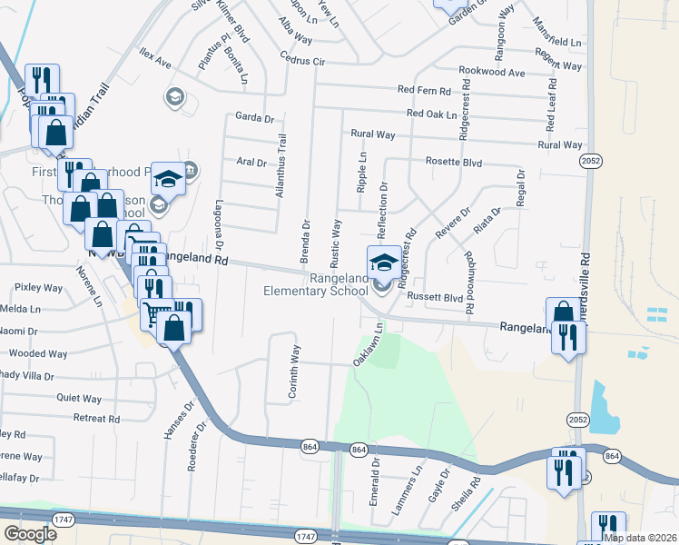 map of restaurants, bars, coffee shops, grocery stores, and more near 1646 Rangeland Road in Louisville