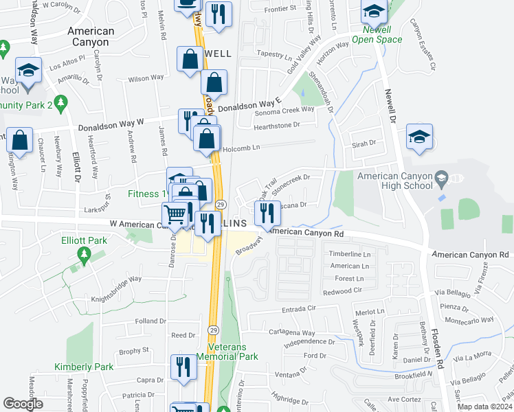 map of restaurants, bars, coffee shops, grocery stores, and more near 63 Toscana Drive in American Canyon