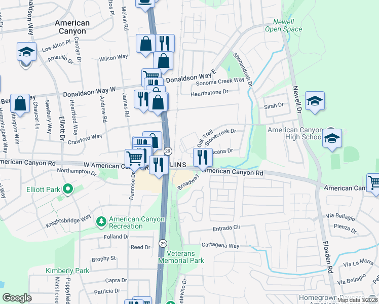 map of restaurants, bars, coffee shops, grocery stores, and more near 520 Pierce Court in American Canyon