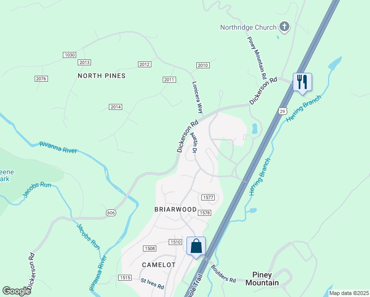 map of restaurants, bars, coffee shops, grocery stores, and more near 4759 Wren Court in Charlottesville