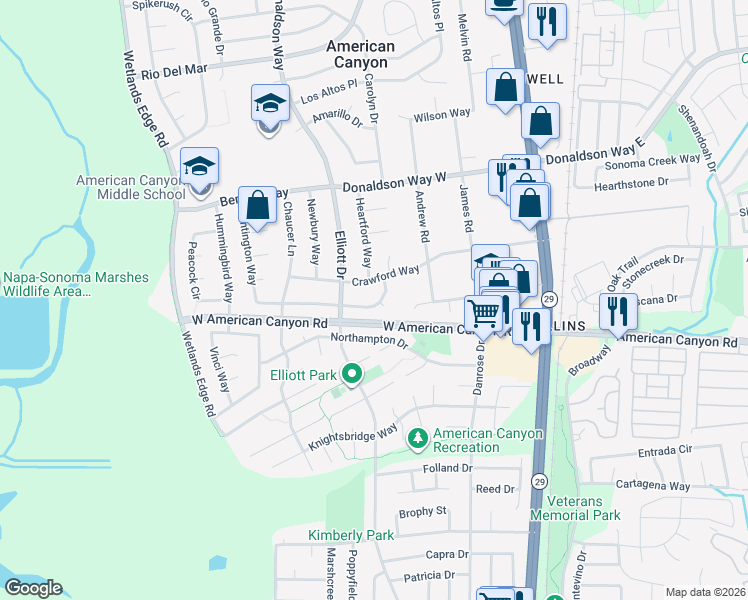 map of restaurants, bars, coffee shops, grocery stores, and more near 83 Larkspur Street in American Canyon