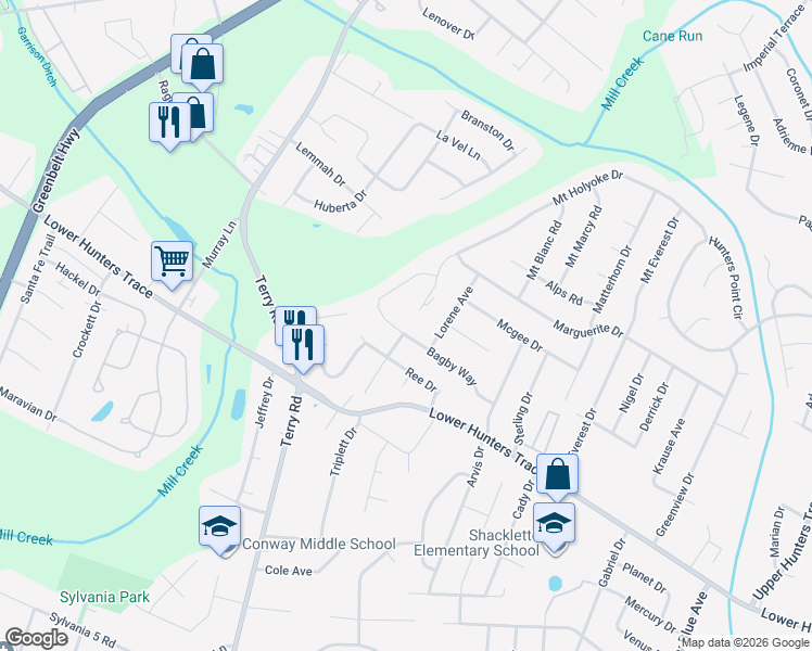 map of restaurants, bars, coffee shops, grocery stores, and more near 5503 Dione Avenue in Louisville